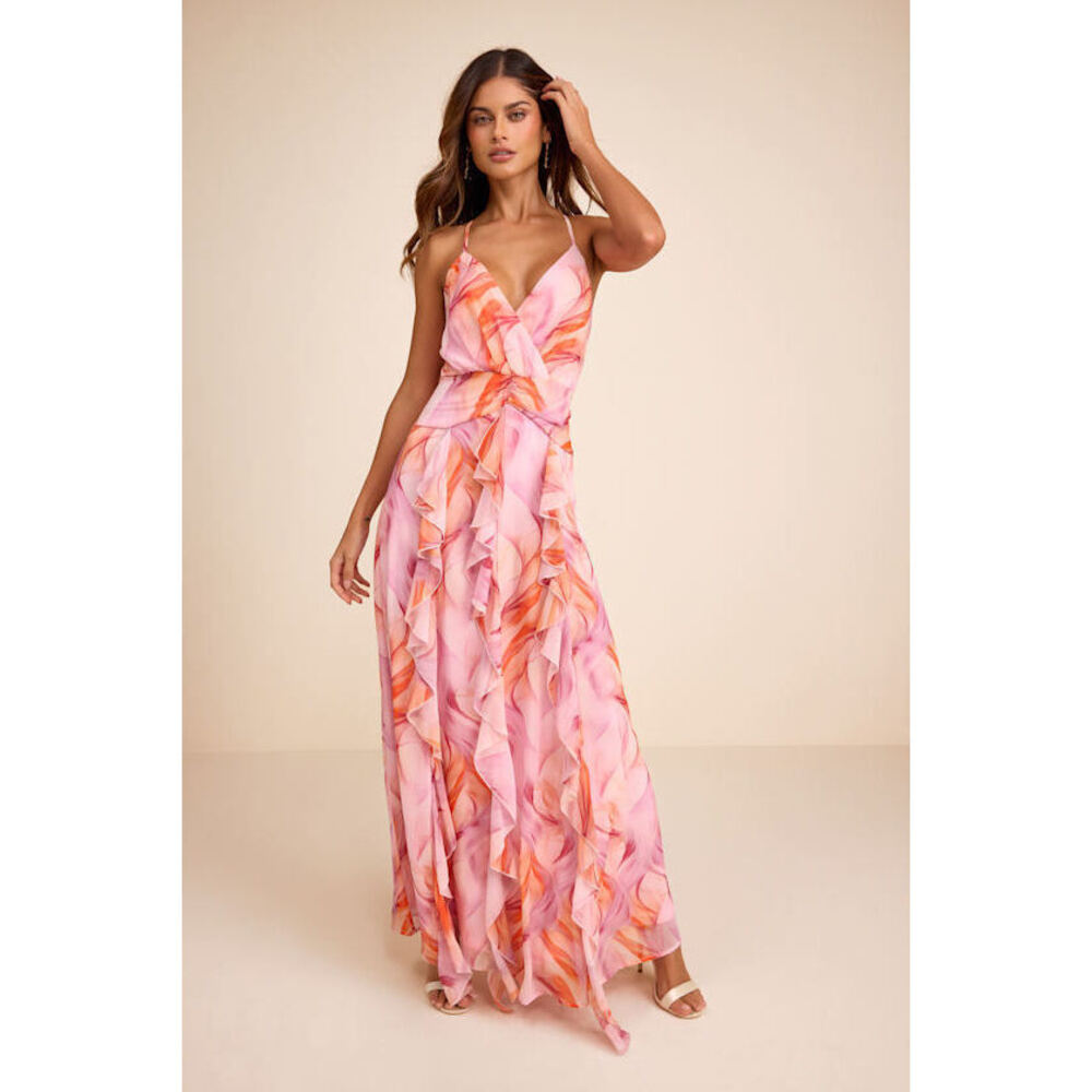 NWT Lulus Astraea Lilac And Orange Abstract Surplice Ruffled Maxi Dress Pink